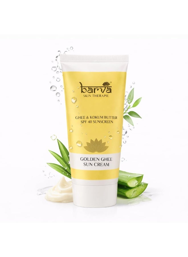 بارفا كريم الحماية من الشمس "بارفا غولدن غي" (Barva Golden Ghee) بمعامل حماية SPF 40 | واقي شمس مغذٍ للوجه بخلاصة الصبار وزبدة الكوكوم | حماية مرطبة من الأشعة فوق البنفسجية لجميع أنواع البشرة | 50 مل - Image 1