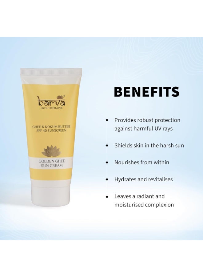 بارفا كريم الحماية من الشمس "بارفا غولدن غي" (Barva Golden Ghee) بمعامل حماية SPF 40 | واقي شمس مغذٍ للوجه بخلاصة الصبار وزبدة الكوكوم | حماية مرطبة من الأشعة فوق البنفسجية لجميع أنواع البشرة | 50 مل - Image 2