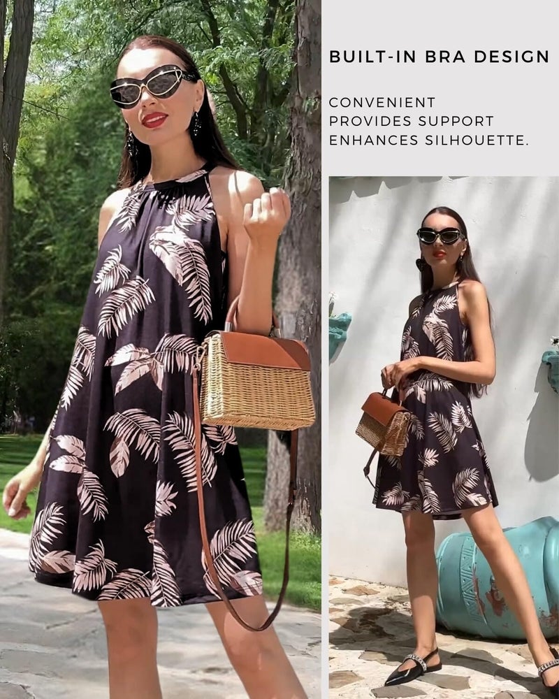ANYFITTING Halter Dress for Women Sun Dress Built in Bra Casual Cocktail Flowy Floral Mini Short Dresses for Beach Vacation - Image 4