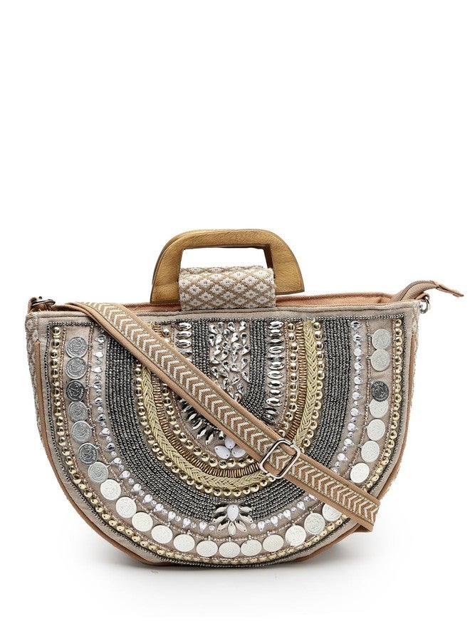 Anekaant Boho Camel Brown & Gold Ethnic Embellished Cotton Jacquard Handheld Bag - Image 1