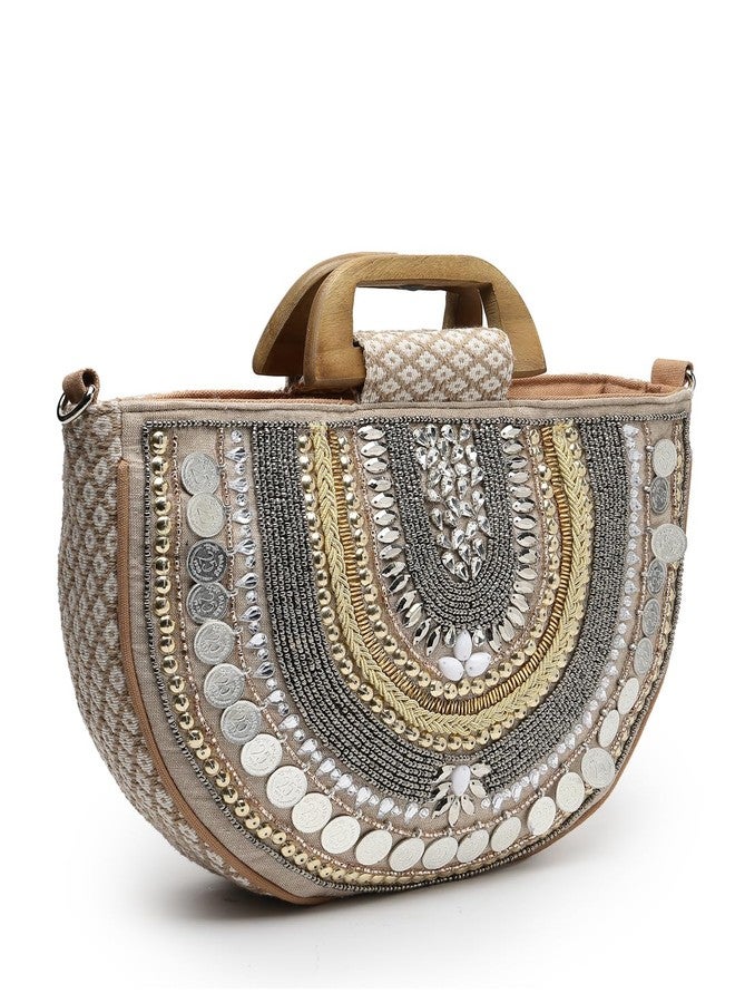 Anekaant Boho Camel Brown & Gold Ethnic Embellished Cotton Jacquard Handheld Bag - Image 5