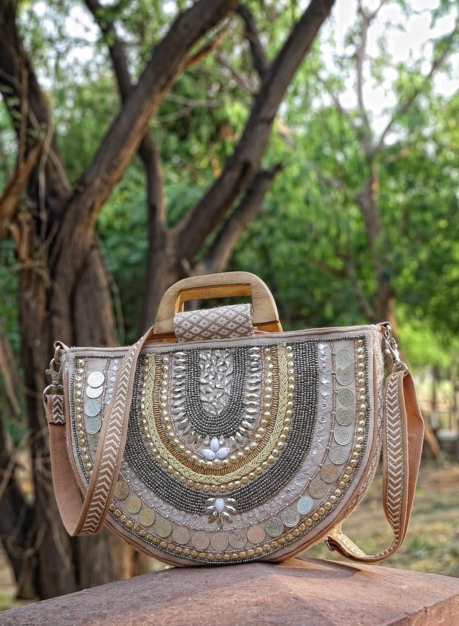 Anekaant Boho Camel Brown & Gold Ethnic Embellished Cotton Jacquard Handheld Bag - Image 3