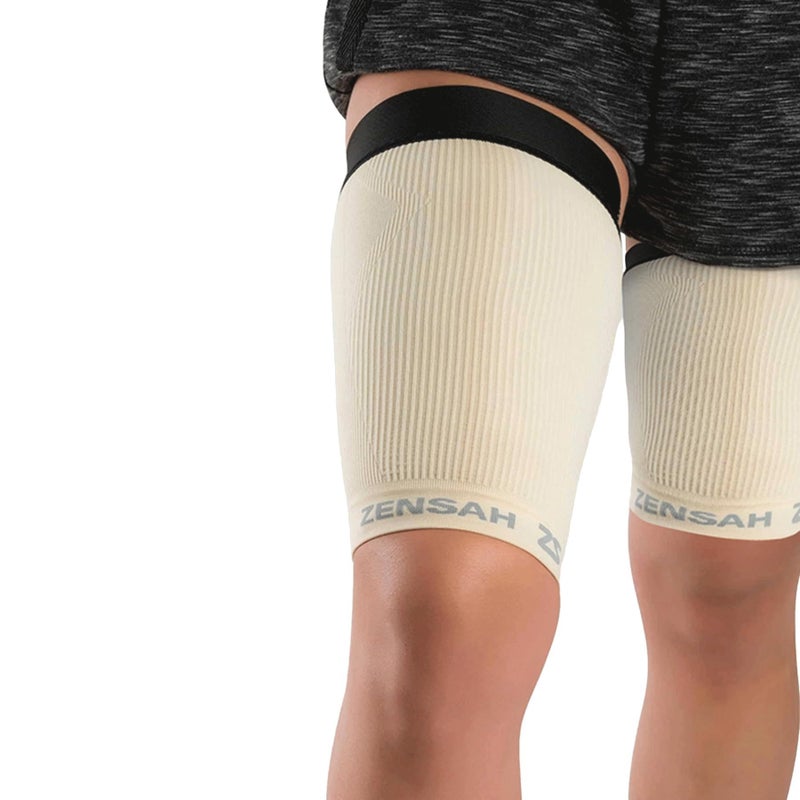 Zensah Thigh Compression Sleeve Support for Pulled Hamstring Quad Strain Groin Compression Wrap for Men and Women Small Beige - Image 2