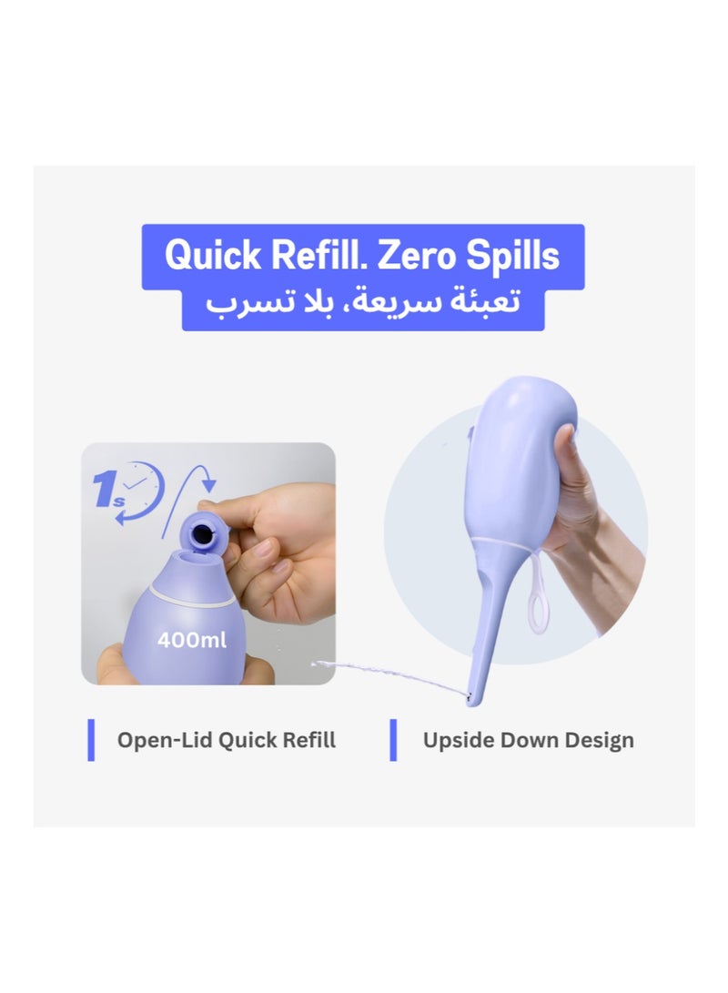 Marjo Portable Bidet for Travel & Postpartum | Peri Bottle with Foldable Lid, Gentle Flow Control, BPA-Free, No-Leak, Hygienic Cap | Compact, Refillable, Handheld Feminine Wash Bottle (Lavender, 400ml)  - Image 2