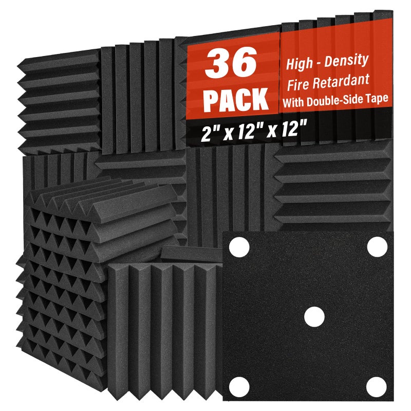 Saiqiang 36 Pack Acoustic Foam Panels 2" x 12" x 12" Sound Proof Foam Panles Saiqiang Soundproofing Noise Absorbing Wedge Black Panels for Wall Studio Foams with Double-Side Adhesive - Image 1
