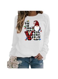 Christmas Santa Claus Plaid Love Print round Neck Long Sleeve Sweatshirt Jacket Womens European Size Street Style Polyester White
