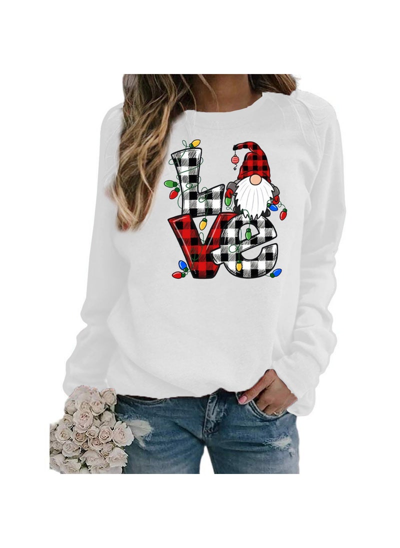 Generic - Christmas Santa Claus Plaid Love Print round Neck Long Sleeve Sweatshirt Jacket Womens European Size Street Style Polyester White - Image 1