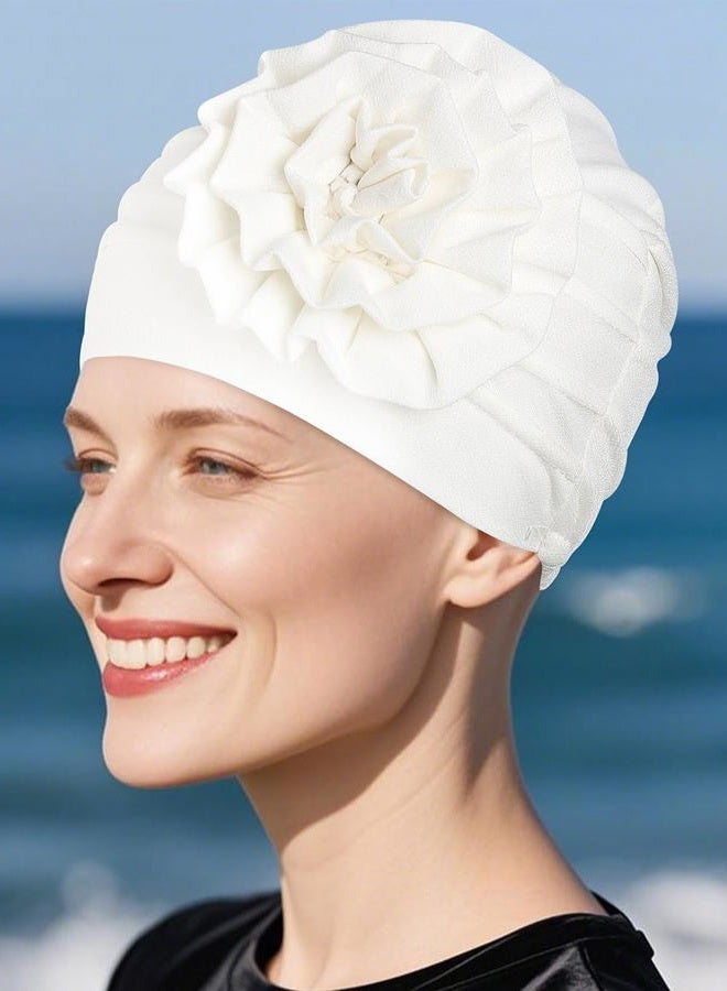 Bohend Women Turban Flower Headband Elastic Cap Pre-Tied Scarf Bonnet Beanie Headwrap Hats, White, M - Image 2