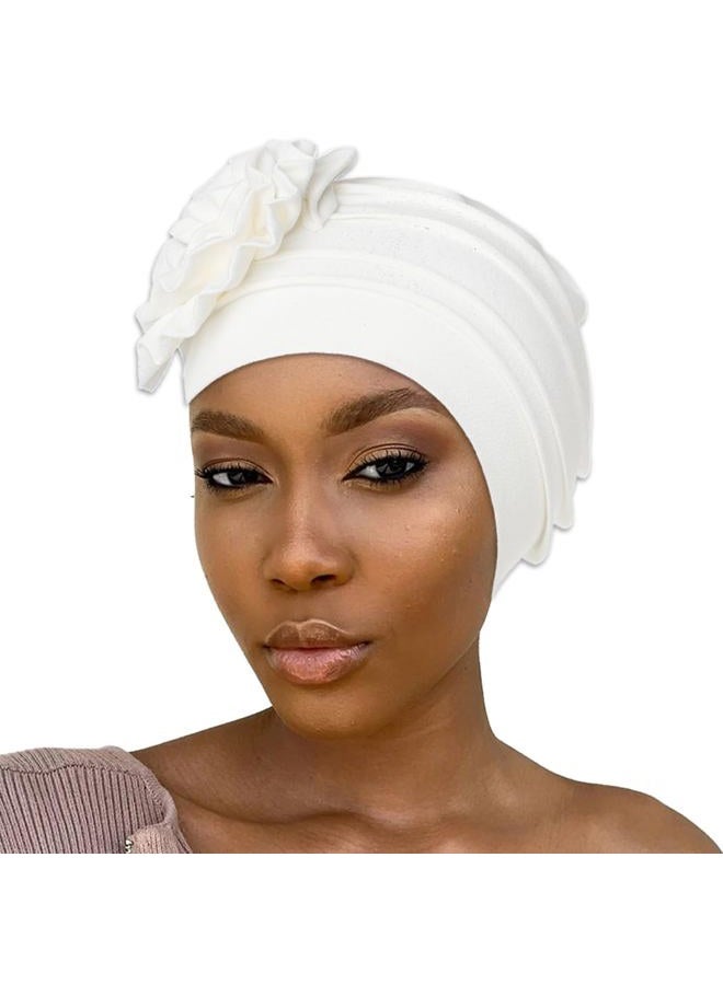 Bohend Women Turban Flower Headband Elastic Cap Pre-Tied Scarf Bonnet Beanie Headwrap Hats, White, M - Image 1