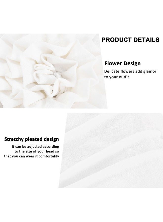 Bohend Women Turban Flower Headband Elastic Cap Pre-Tied Scarf Bonnet Beanie Headwrap Hats, White, M - Image 5