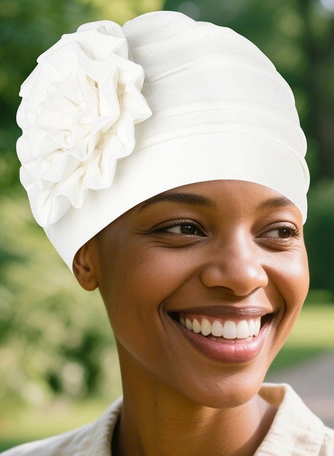 Bohend Women Turban Flower Headband Elastic Cap Pre-Tied Scarf Bonnet Beanie Headwrap Hats, White, M - Image 3