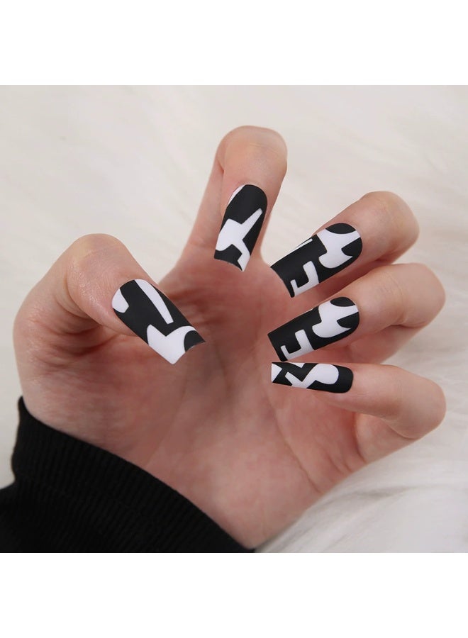 Goolsky Black White Graffiti Coffin Long Press-On Nails - Edgy Street Art Style Fake Nails for Daily & Party Wear - Image 1