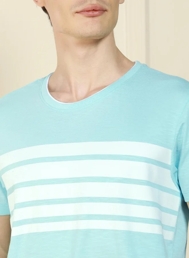Dennis Lingo Regular Fit Mid Blue Cotton Crew Neck T-Shirt