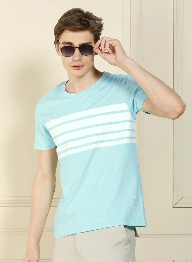 Dennis Lingo Regular Fit Mid Blue Cotton Crew Neck T-Shirt