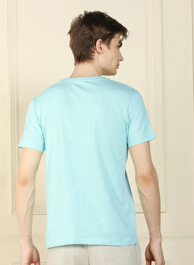 Dennis Lingo Regular Fit Mid Blue Cotton Crew Neck T-Shirt