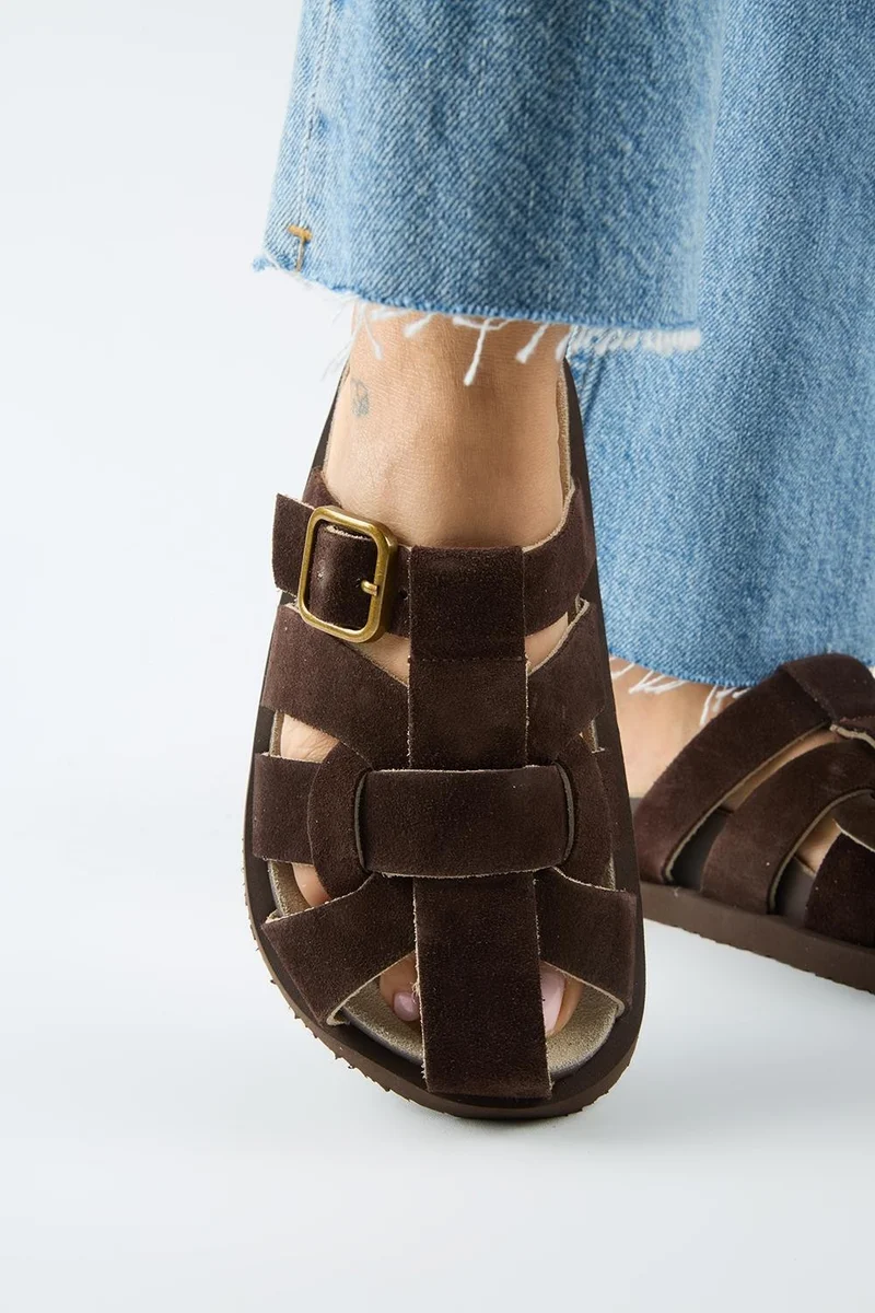 Manijero Manijero Benito Women's Genuine Leather Buckled Cage Pattern Coffee Slippers
