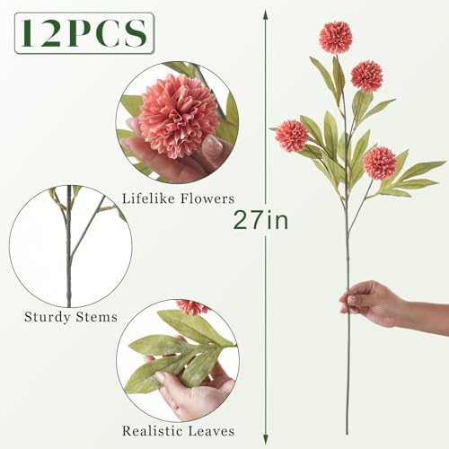 VIERENA 12 Pcs Faux Silk Pompon Mum Artificial Flowers for Vase -27", Bulk Fake Chrysanth Branches with Stems for DIY Bouquet Centerpieces Wedding Fillers Arrangements Shower Decorations (Dusty Pink) - Image 5