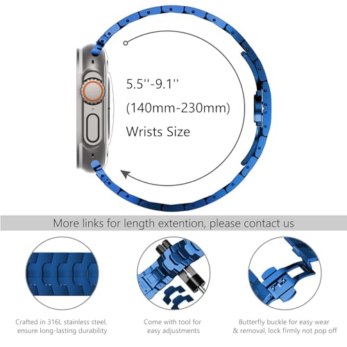 WINGLE Stainless Steel Bands for Apple Watch Band Ultra 3/2/1 Band Ultra 49mm Series 11 10 46mm 45mm 44mm 42mm SE 3/2/1 Series 9 8 7 6 5 4 3 2 Men, Classy Business Rugged Metal iWatch Bands, Blue - Image 5