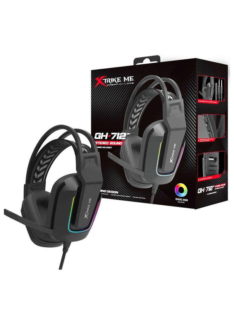XTRIKE ME سماعة ألعاب سلكية GH-712 مع وظيفة إضاءة خلفية RGB وصوت ستيريو جسم أسود - Image 1