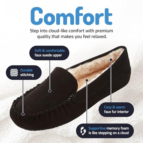 Floopi Women Slippers Moccasins, Soft Faux Fur Lining with Cozy Memory Foam, Ladies House Slippers for Women with Indoor & Outdoor Anti-Skid Sole(10, Black-323) - Image 2