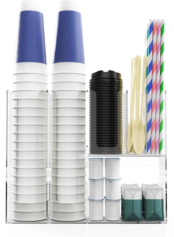 HeiMma Paper Cup and Lid Holder with Straw Organizer, 6 Compartment Disposable Coffee Cup Dispenser for Countertop Coffee Bar Accessories Restaurant Breakroom, Acrylic, Clear - Image 1