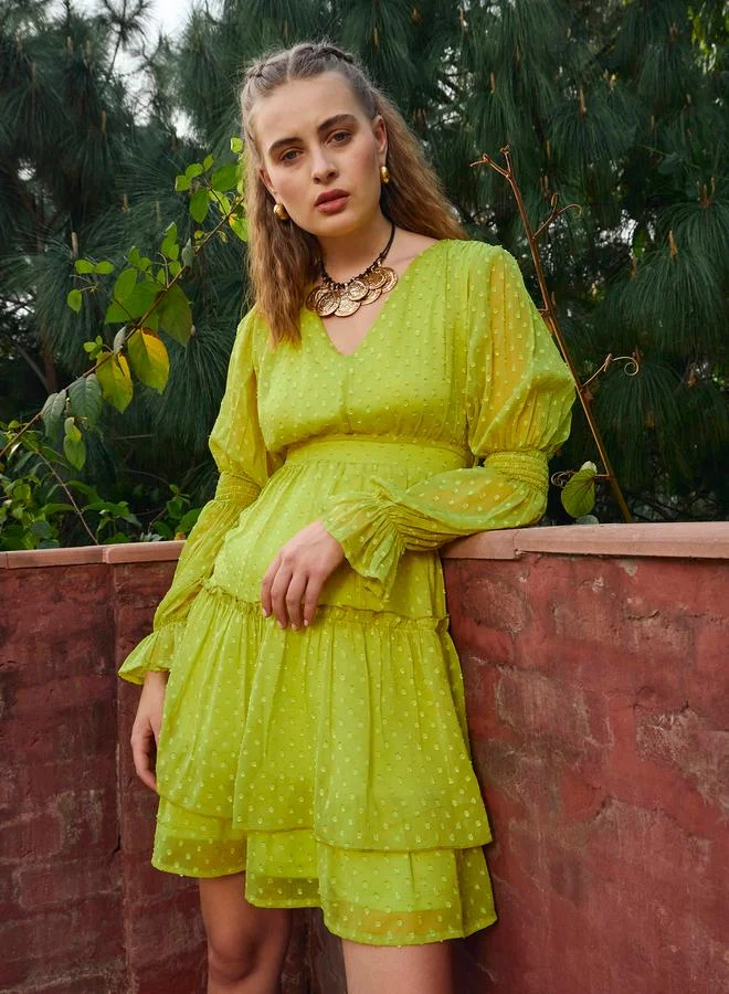 SASSAFRAS Sassafras Green Dobby V Neck A-Line Mini Dress