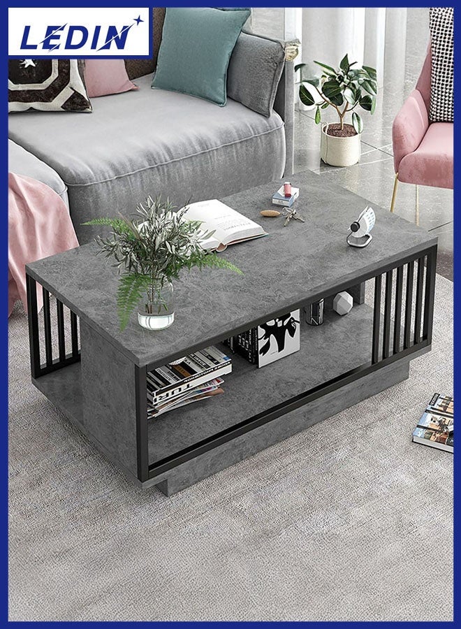 LEDIN Coffee Table, 47.61-inch Modern Coffee Tables for Living Room, 2-Tier Faux Marble Wood Coffee Table, Furniture with Storage Shelf 120x60x40cm (Black) - Image 1