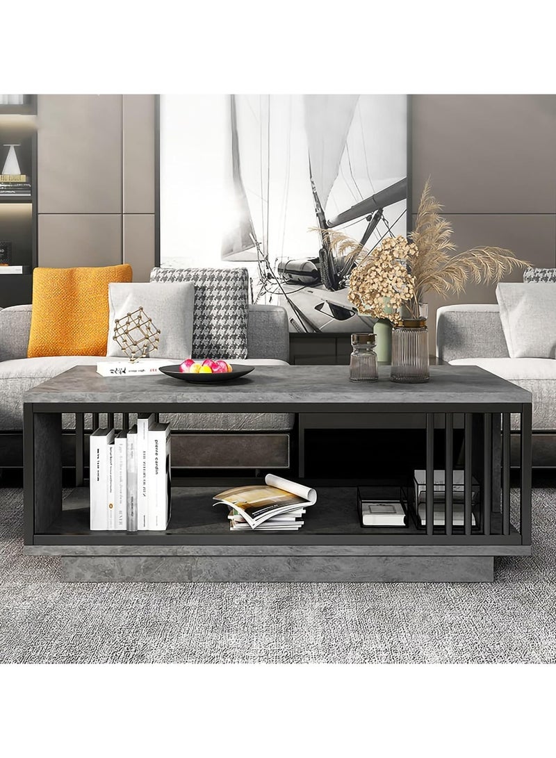 LEDIN Coffee Table, 47.61-inch Modern Coffee Tables for Living Room, 2-Tier Faux Marble Wood Coffee Table, Furniture with Storage Shelf 120x60x40cm (Black) - Image 3