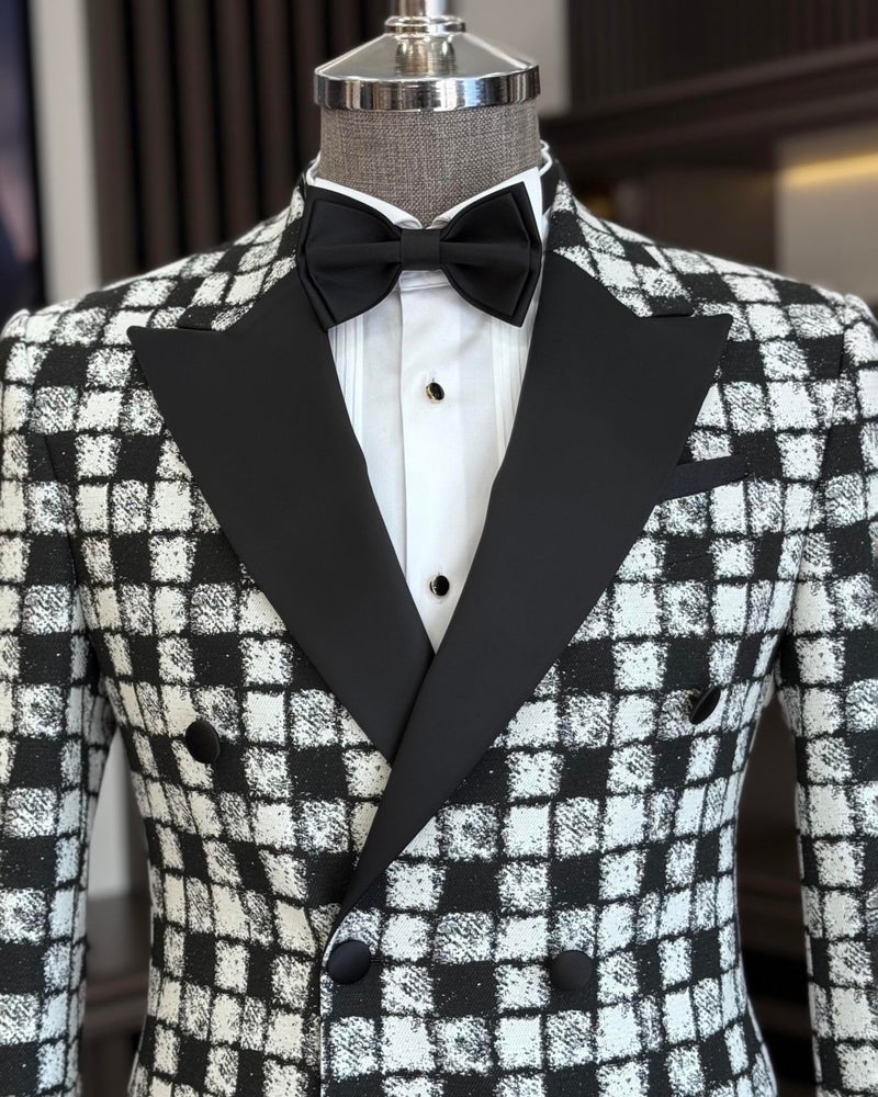 Terzi Adem Altun Tailor Adem Altun Italian Style Slim Fit Patterned Double Breasted Jacket Trousers Groom Suit Set Black T11573  - Image 2