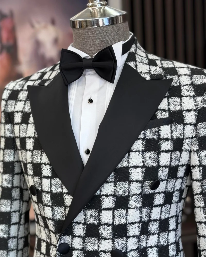 ترزي ادم التون Tailor Adem Altun Italian Style Slim Fit Patterned Double Breasted Jacket Trousers Groom Suit Set Black T11573
