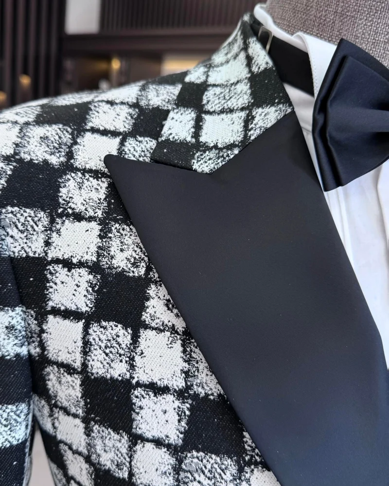 ترزي ادم التون Tailor Adem Altun Italian Style Slim Fit Patterned Double Breasted Jacket Trousers Groom Suit Set Black T11573
