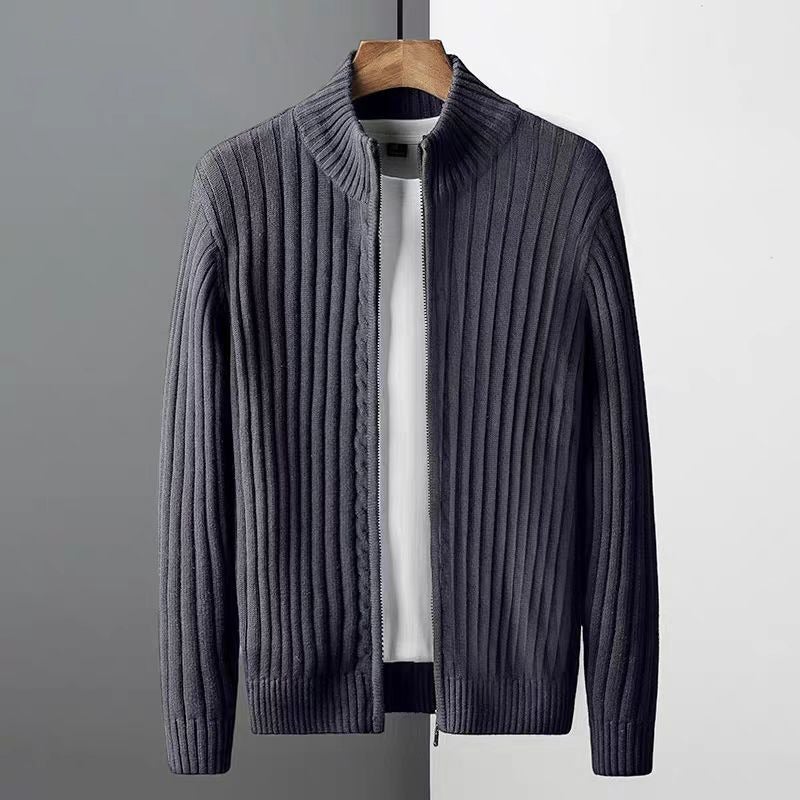 2024 Spring and Autumn Collar Cardigan Sweater Mens Korean Fashionable Zipper Outer Wear High-end Knitwear Thickened Jacket for Men Navy blue  - Image 3