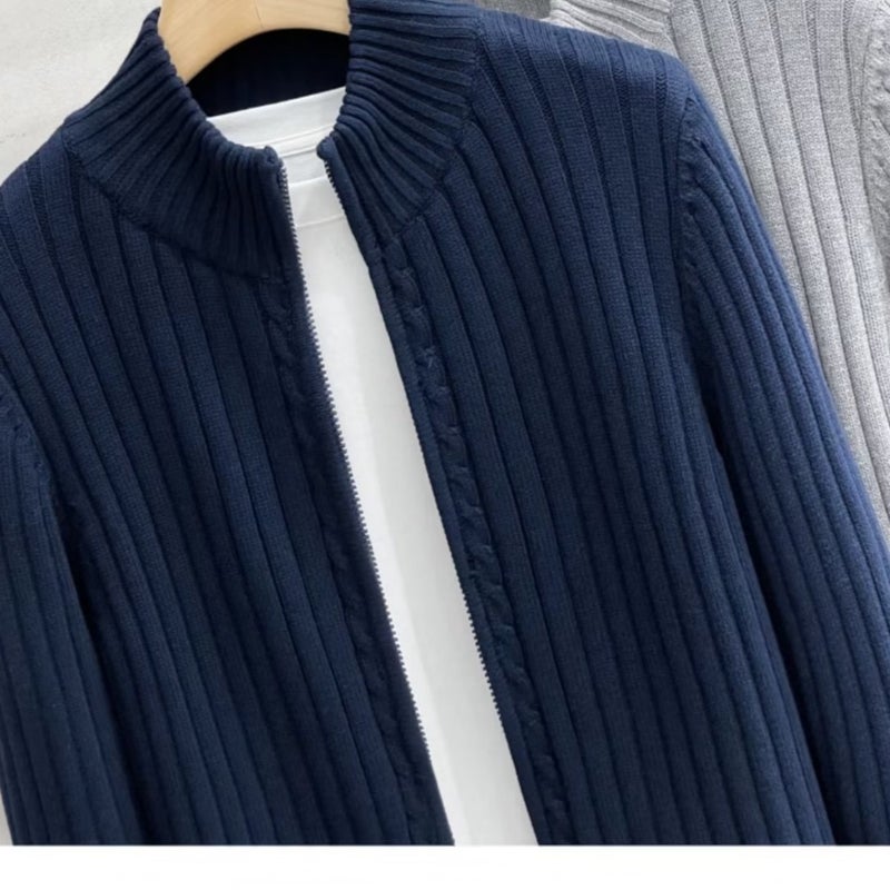 2024 Spring and Autumn Collar Cardigan Sweater Mens Korean Fashionable Zipper Outer Wear High-end Knitwear Thickened Jacket for Men Navy blue  - Image 1