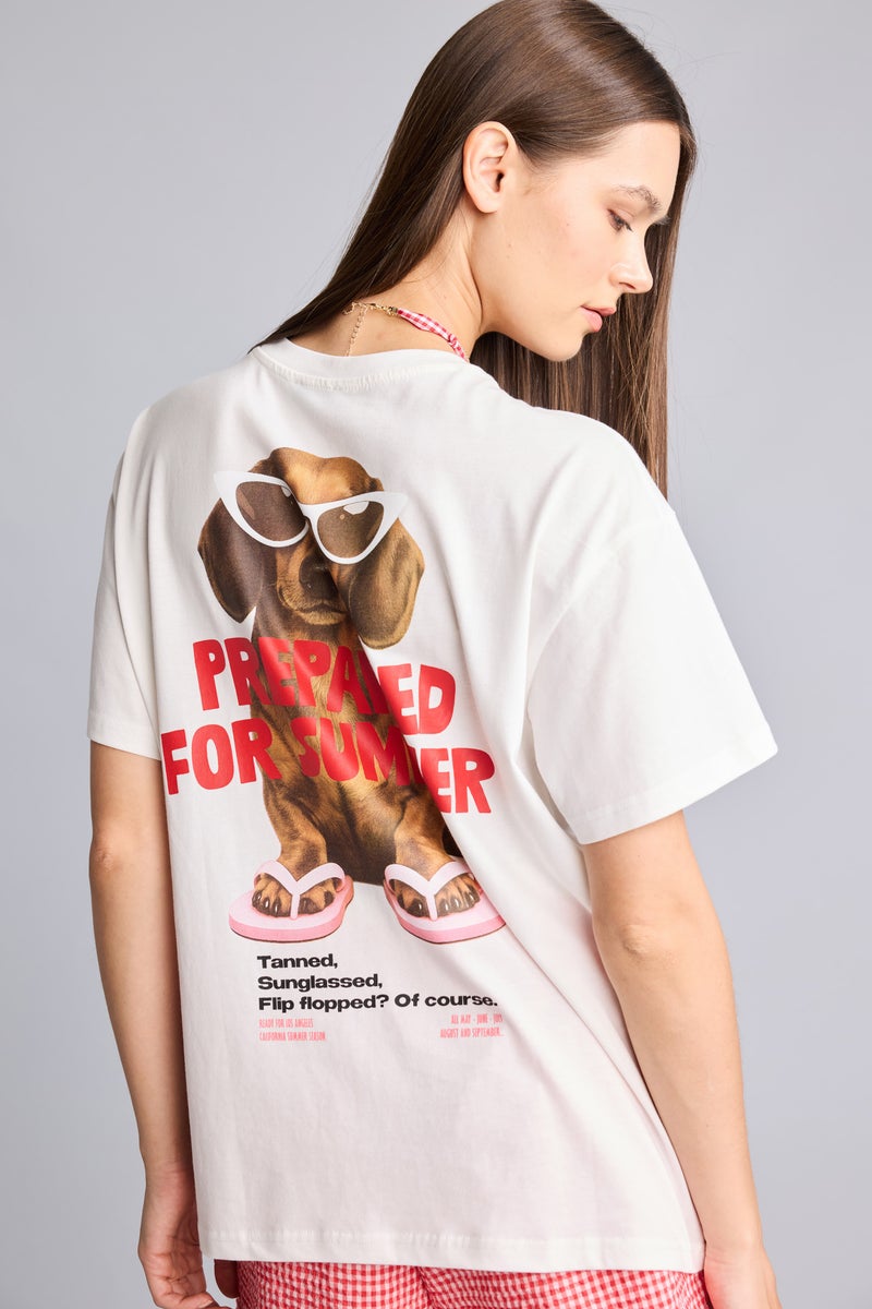 DeFacto White Woman Oversize Crew Neck Printed White T-Shirt Casual - Image 1