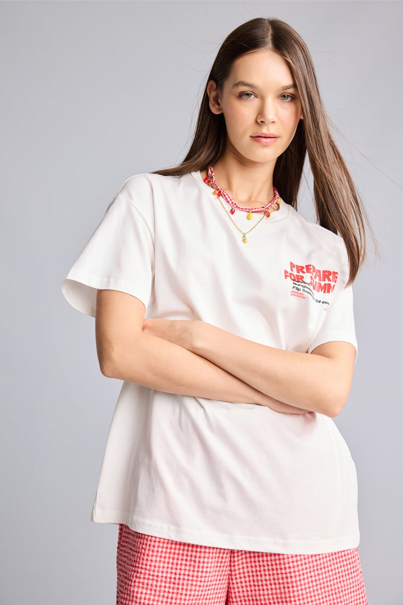 DeFacto White Woman Oversize Crew Neck Printed White T-Shirt Casual - Image 4