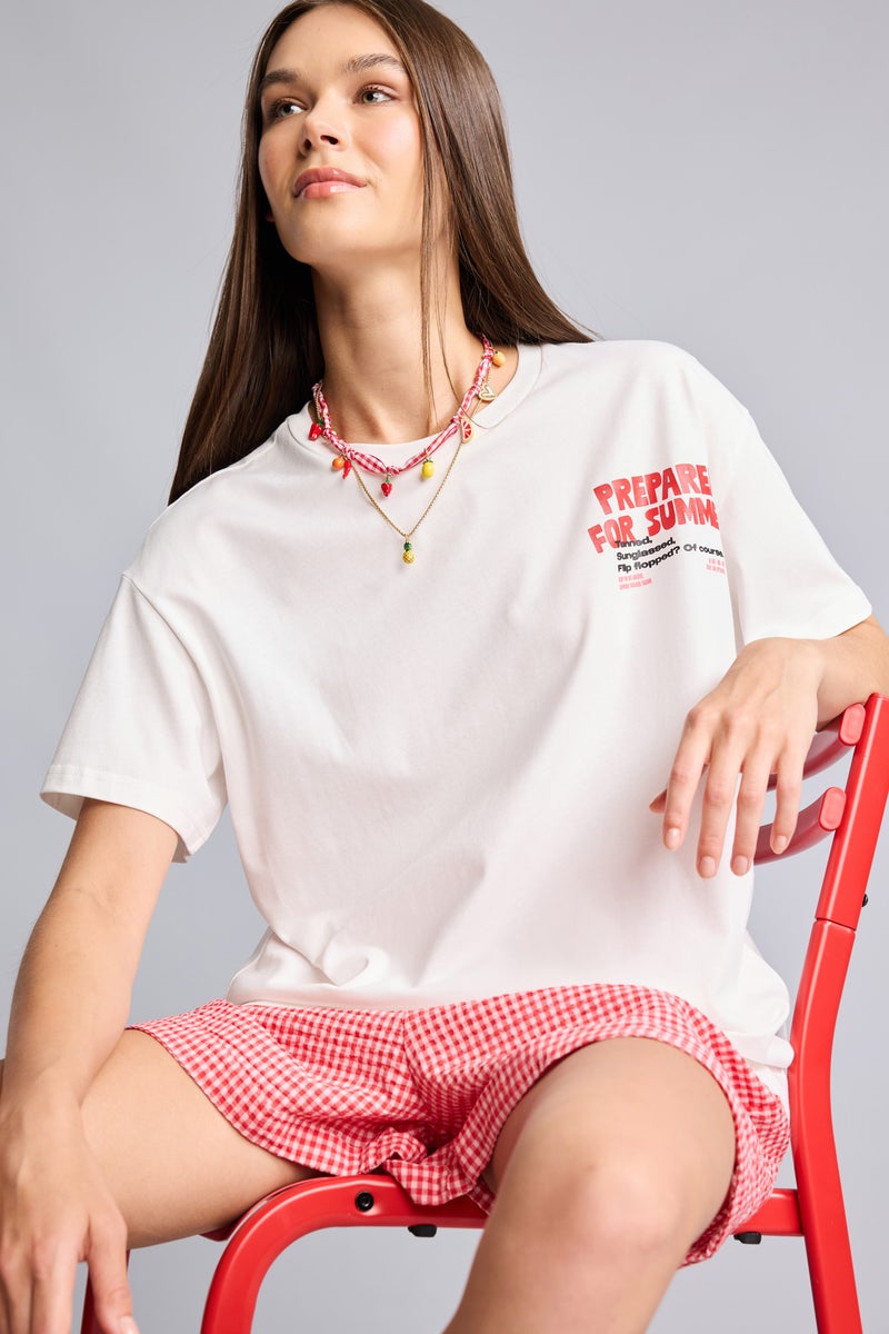 DeFacto White Woman Oversize Crew Neck Printed White T-Shirt Casual - Image 2