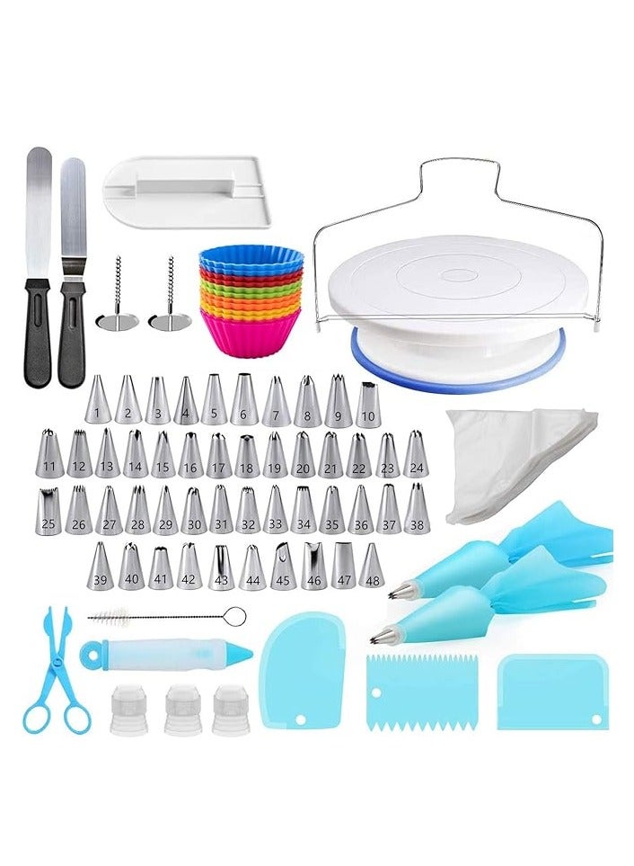 بريميفي مجموعة تزيين الكيك من بريميفاي، 107 قطعة من لوازم الخبز مع قرص دوار للكيك مقاس 11 بوصة، وأدوات نحت الكيك، وأطراف تزيين الكيك، وملاعق الكيك، وأدوات المعجنات، والقطاعة، وفوهات الكيك للمبتدئين والمحترفين