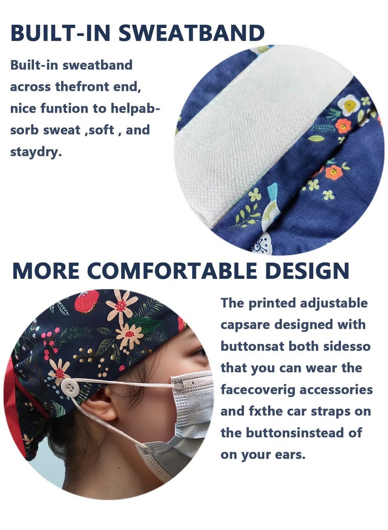 OMEVE Pack of 3 Surgical Caps for Female and Male, Cotton Nursing Cap, Working Cap,Adjustable Cotton Working Hats,Sweatband Cotton Ponytail Holder, Long Hair Head Covers Hair Caps,Nurse hat with buttons - Image 3