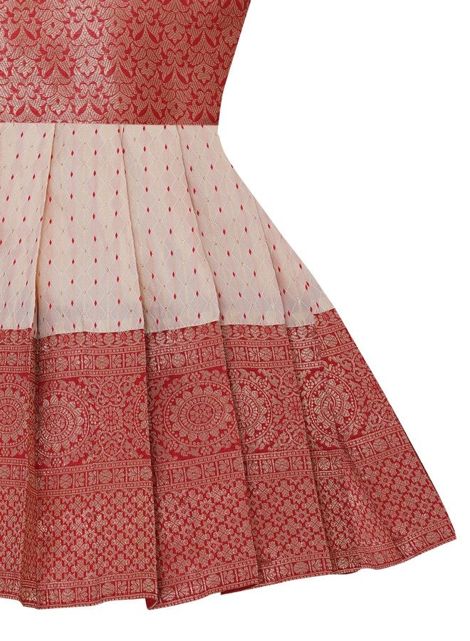 Suzvan Baby Girl's Jacquard Readymade Knee-Length Frock Dress | Pattu Pavadia Traditional Dress (6-12 Months, Red & Off-White) - Image 4