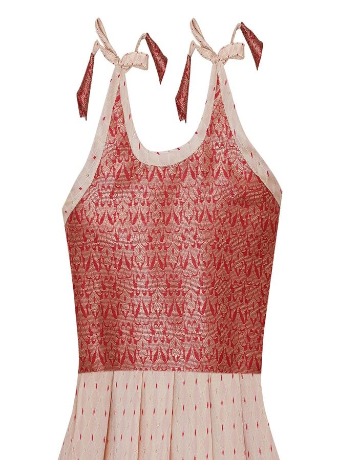 Suzvan Baby Girl's Jacquard Readymade Knee-Length Frock Dress | Pattu Pavadia Traditional Dress (6-12 Months, Red & Off-White) - Image 2