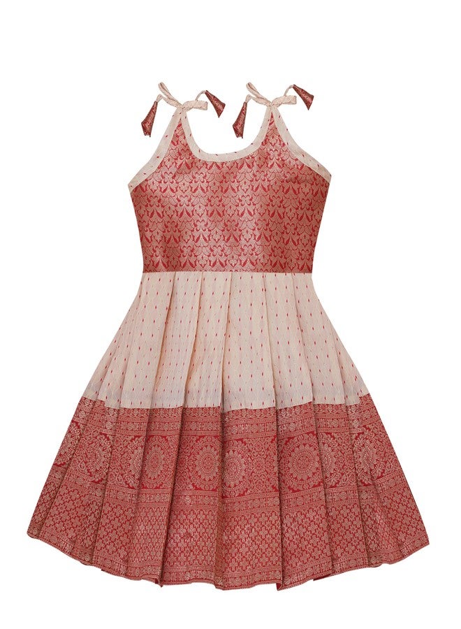Suzvan Baby Girl's Jacquard Readymade Knee-Length Frock Dress | Pattu Pavadia Traditional Dress (6-12 Months, Red & Off-White) - Image 1