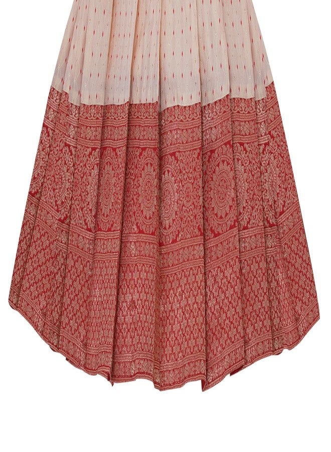 Suzvan Baby Girl's Jacquard Readymade Knee-Length Frock Dress | Pattu Pavadia Traditional Dress (6-12 Months, Red & Off-White) - Image 3