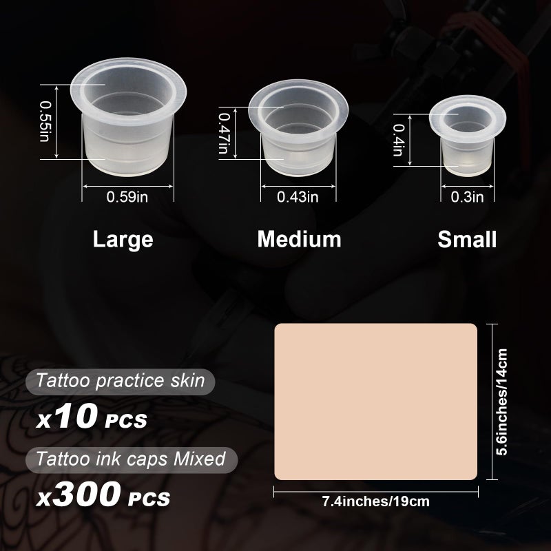 Autdor 310Pcs Tattoo Practice Skins and Ink Caps Kit - Mixed 300Pcs Pigment Ink Cups #9 Small, #13 Medium, #16 Large and 10Pcs Tattoo Skin - Image 2