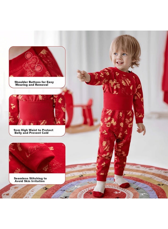 Ouyun Children's Pajamas Autumn Winter Boys Girls High Waist Belly Protection New Year Red Warm Clothing Set Panda Tuanzi 80 - Image 3