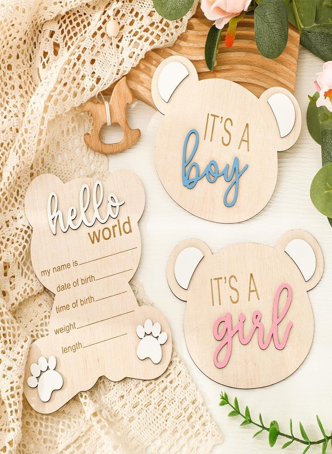 FYSUIMU 3Pcs Baby Announcement Sign Wooden Gender Reveal Signs for Baby Birth It' s a Boy Girl Bear Shaped Announcement Signs Hello World Newborn Welcome Sign for Hospital Shower Photo Prop Keepsake - Image 1
