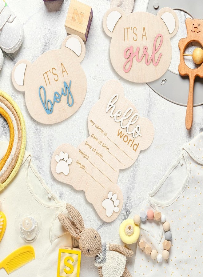 FYSUIMU 3Pcs Baby Announcement Sign Wooden Gender Reveal Signs for Baby Birth It' s a Boy Girl Bear Shaped Announcement Signs Hello World Newborn Welcome Sign for Hospital Shower Photo Prop Keepsake - Image 4