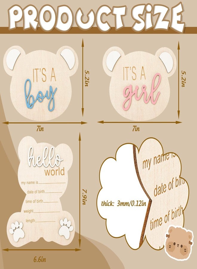 FYSUIMU 3Pcs Baby Announcement Sign Wooden Gender Reveal Signs for Baby Birth It' s a Boy Girl Bear Shaped Announcement Signs Hello World Newborn Welcome Sign for Hospital Shower Photo Prop Keepsake - Image 2
