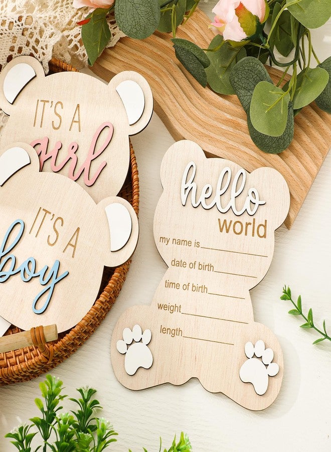FYSUIMU 3Pcs Baby Announcement Sign Wooden Gender Reveal Signs for Baby Birth It' s a Boy Girl Bear Shaped Announcement Signs Hello World Newborn Welcome Sign for Hospital Shower Photo Prop Keepsake - Image 3