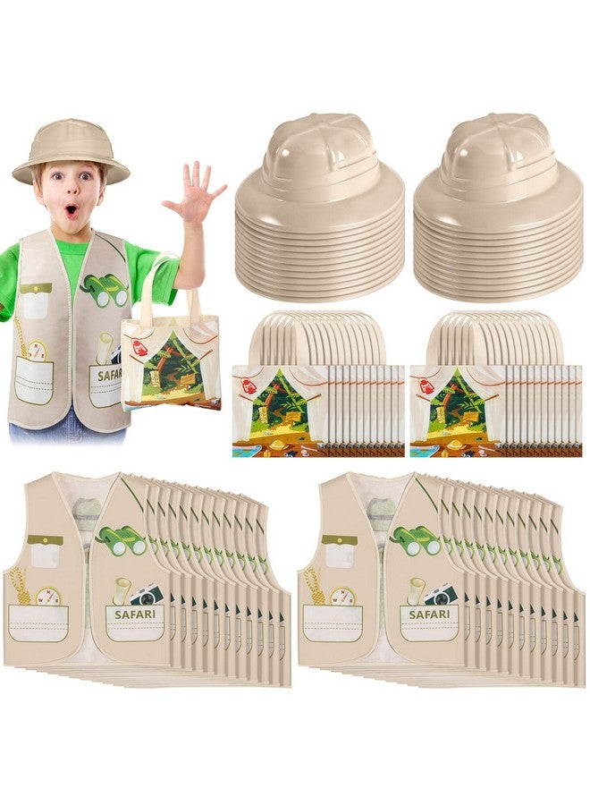 Newcotte Newcotte 72 Pcs Kids Explorer Costume Toy Include 24 Kids Safari Vest 24 Kids Party Plastic Safari Hats 24 Tote Bag for Kids Explorer Jungle Party Outdoor - Image 1