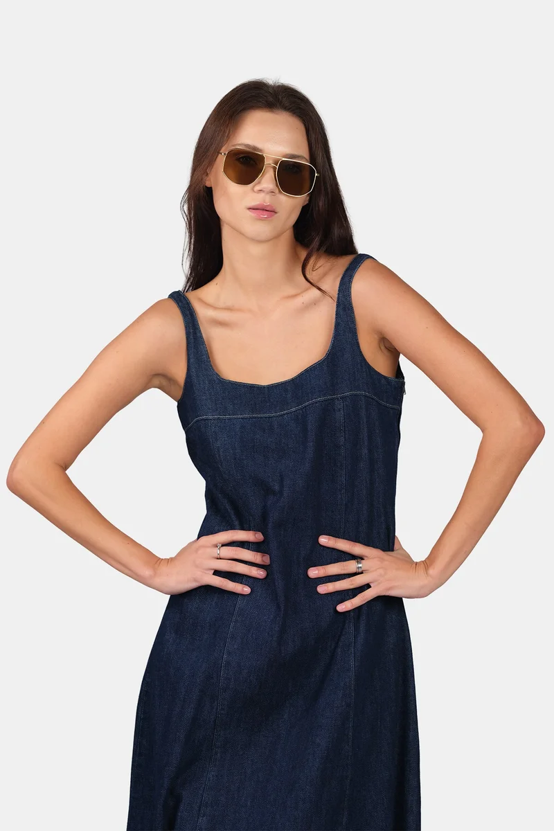 فيرجيو Solid Cotton Denim Midi Dress With Bubble Hem for Women